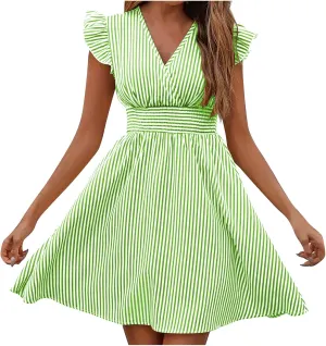 TANGNADE Women's Summer Midi Dress Striped Short Sleeve V Neck T Shirt Dresses Loose A Line Flowy Casual Beach Sundress