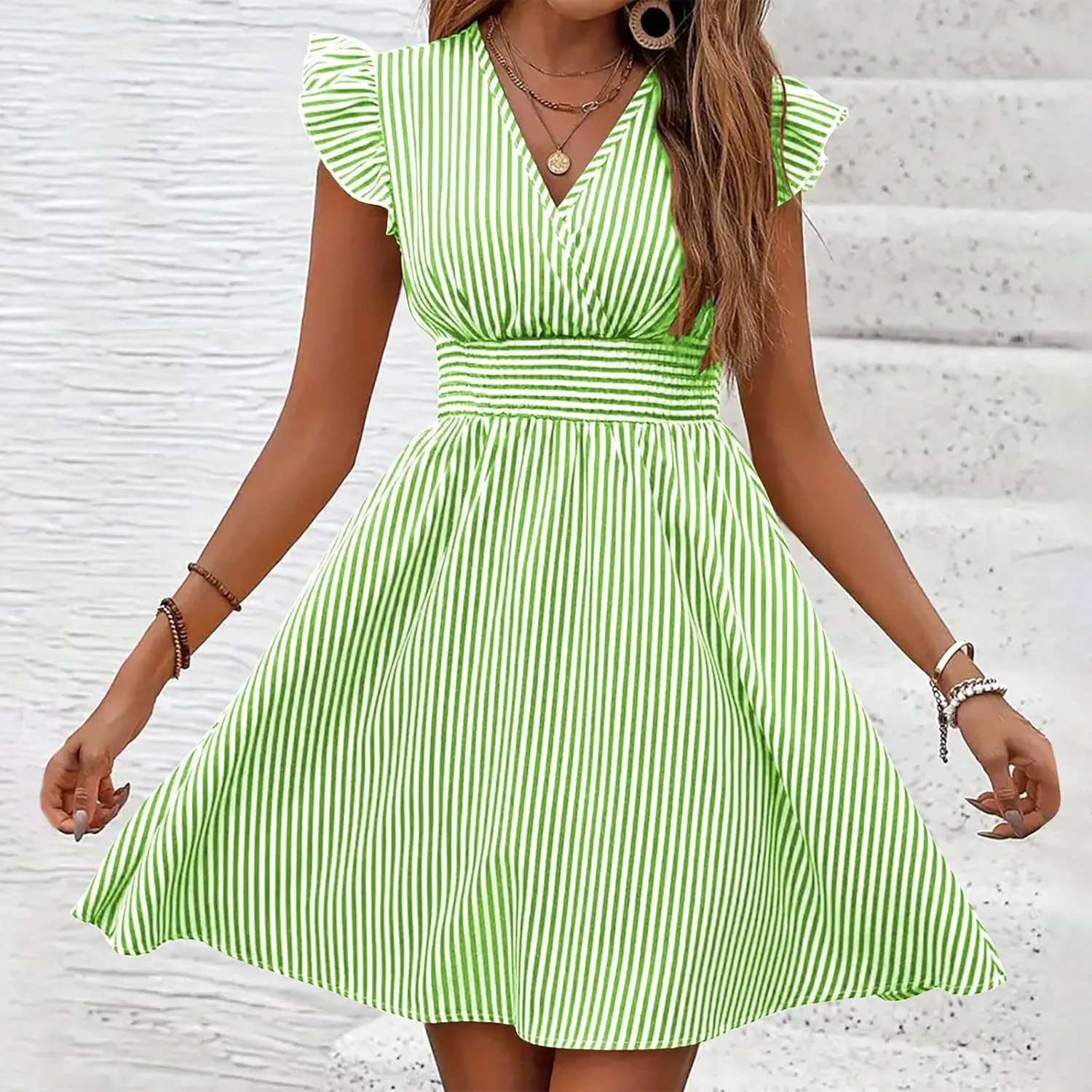 TANGNADE Women's Summer Midi Dress Striped Short Sleeve V Neck T Shirt Dresses Loose A Line Flowy Casual Beach Sundress