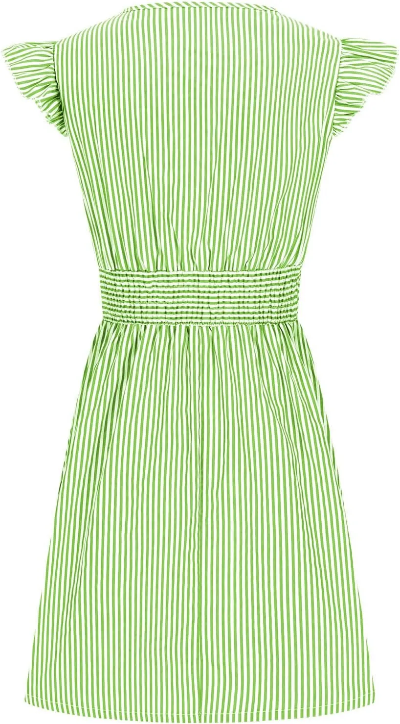 TANGNADE Women's Summer Midi Dress Striped Short Sleeve V Neck T Shirt Dresses Loose A Line Flowy Casual Beach Sundress