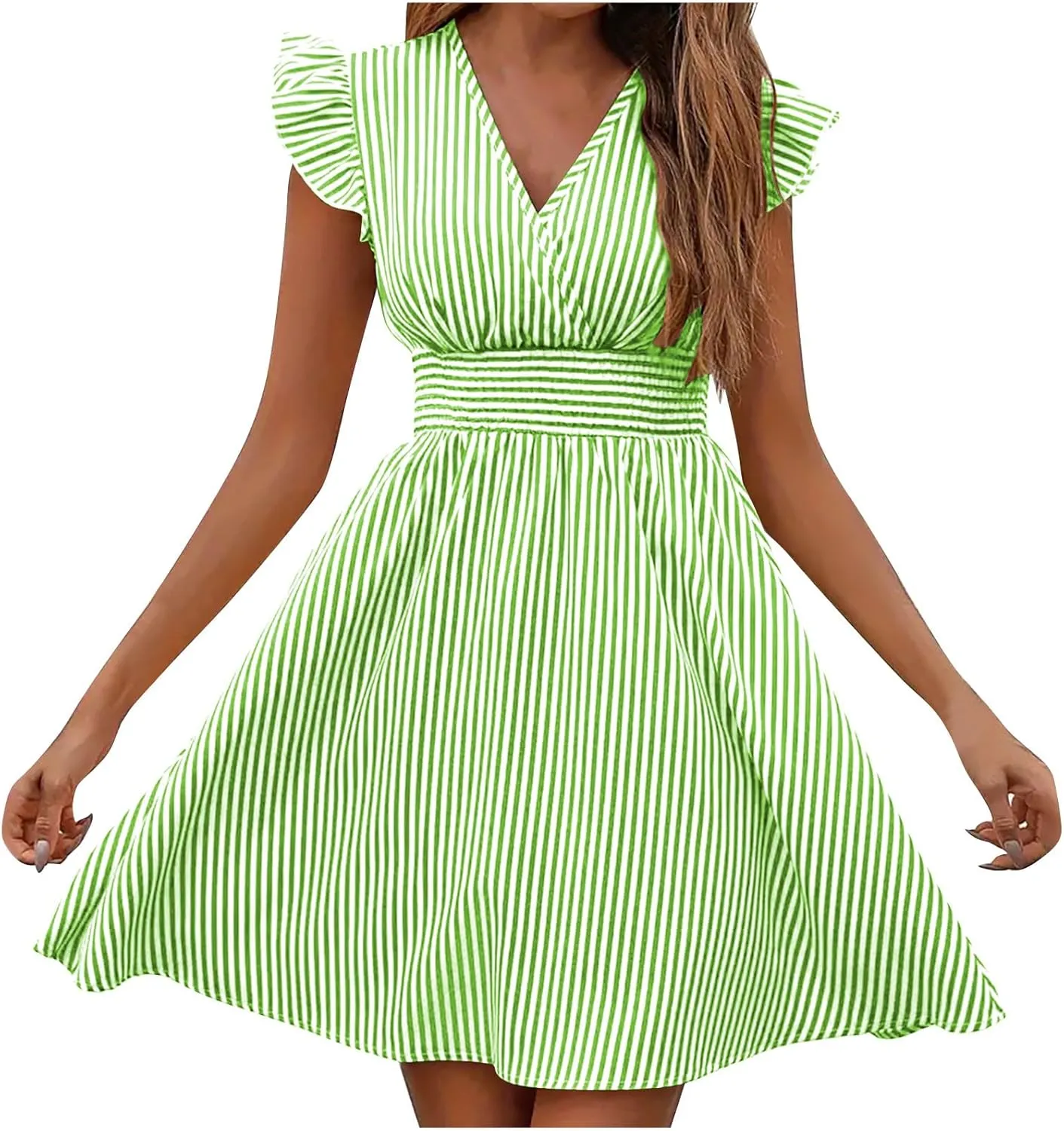 TANGNADE Women's Summer Midi Dress Striped Short Sleeve V Neck T Shirt Dresses Loose A Line Flowy Casual Beach Sundress