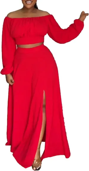 Tcremisa Women's 2 Piece Skirts Outfits Off Shoulder Lantern Long Sleeve Crop Top and Split Maxi Skirt Sets