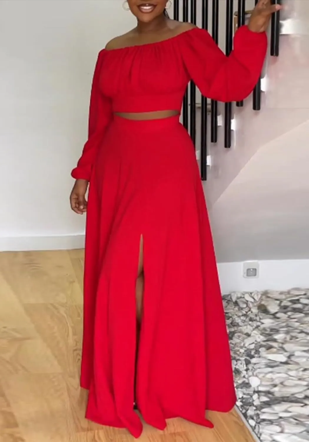 Tcremisa Women's 2 Piece Skirts Outfits Off Shoulder Lantern Long Sleeve Crop Top and Split Maxi Skirt Sets