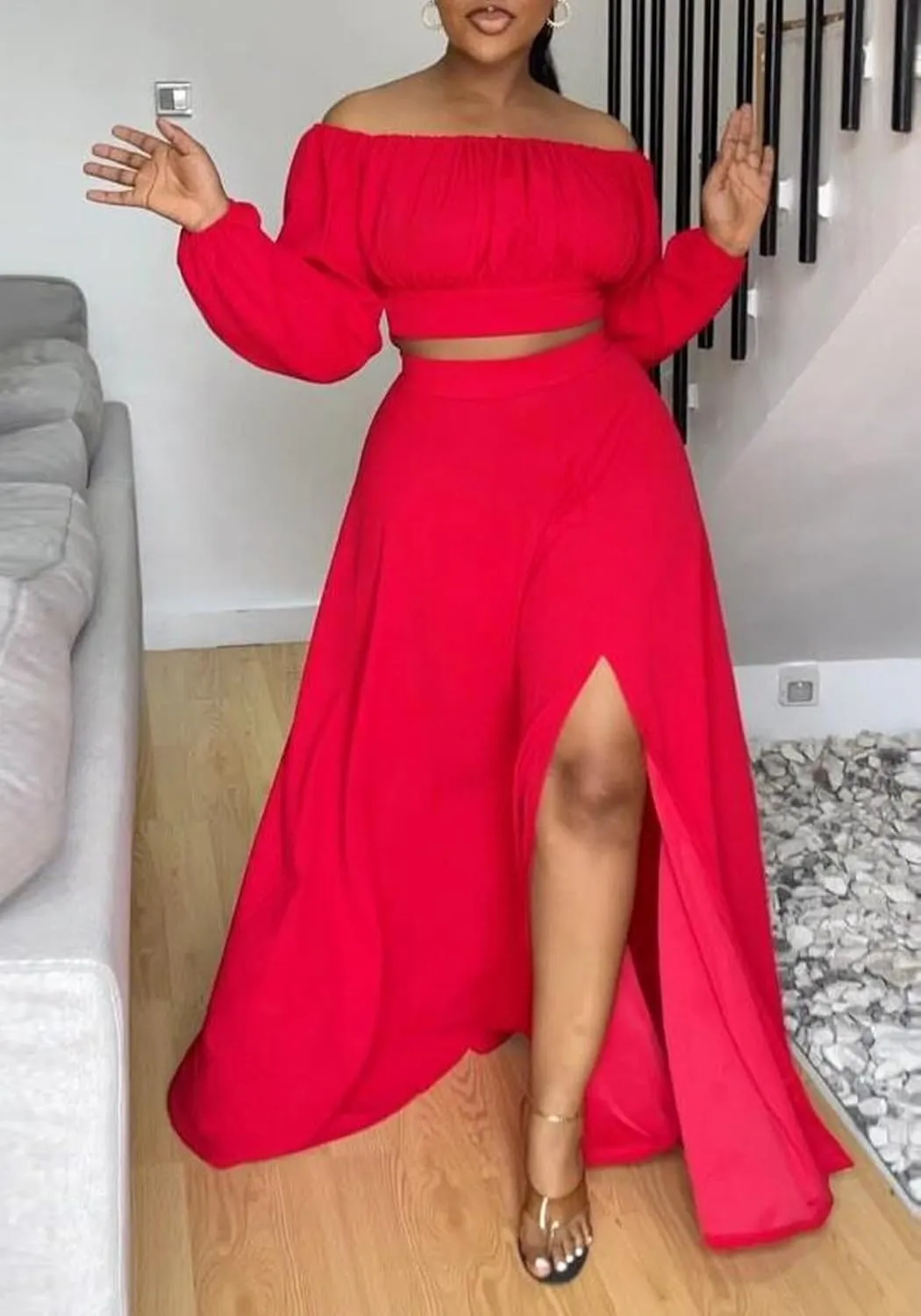 Tcremisa Women's 2 Piece Skirts Outfits Off Shoulder Lantern Long Sleeve Crop Top and Split Maxi Skirt Sets