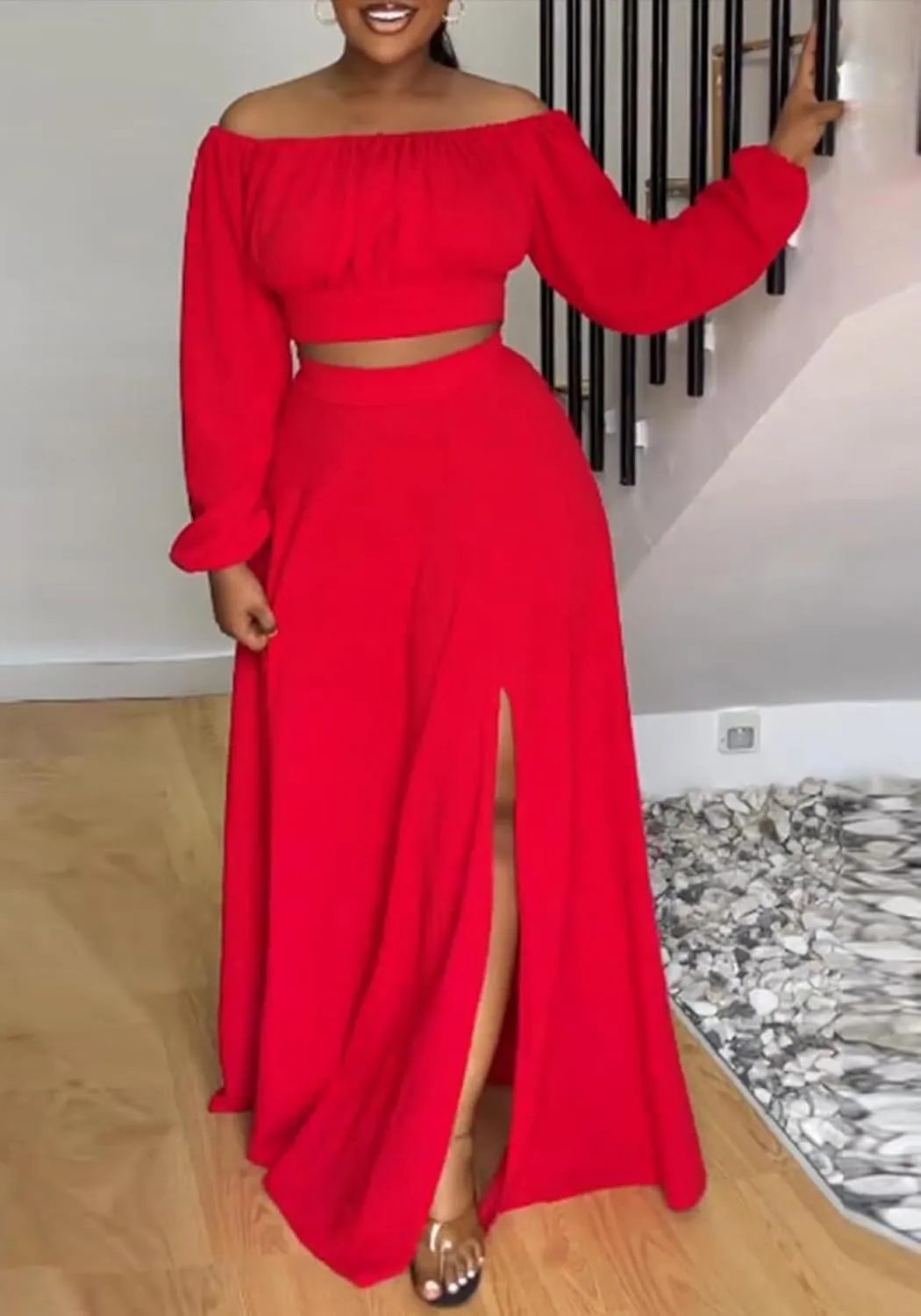 Tcremisa Women's 2 Piece Skirts Outfits Off Shoulder Lantern Long Sleeve Crop Top and Split Maxi Skirt Sets