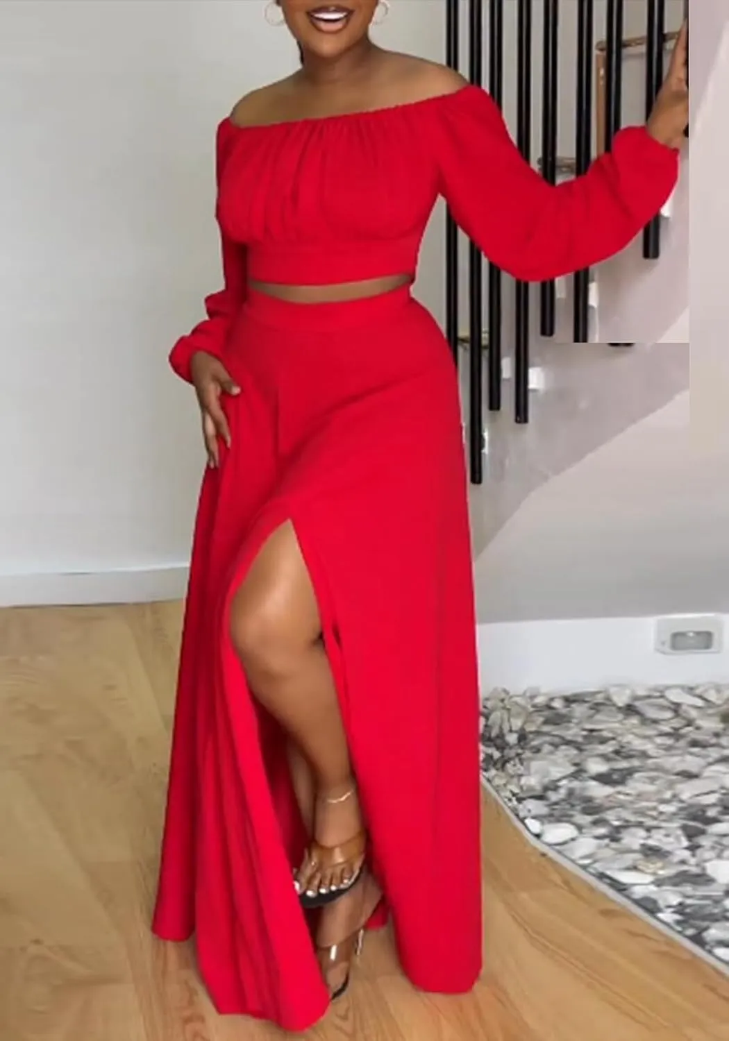 Tcremisa Women's 2 Piece Skirts Outfits Off Shoulder Lantern Long Sleeve Crop Top and Split Maxi Skirt Sets
