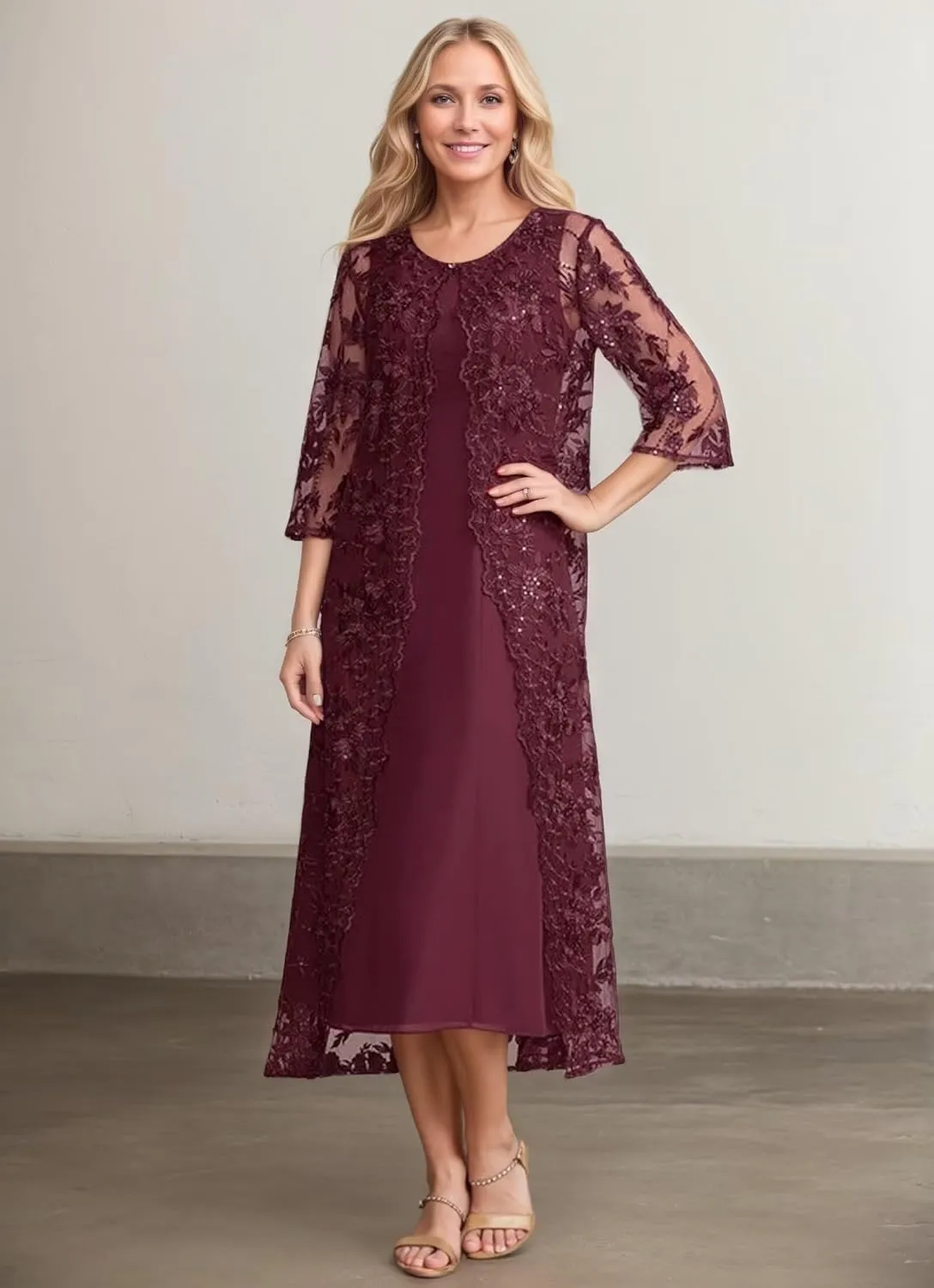 Tea Length 2 Piece Mother of The Bride Dresses with Tulle Jacket 3/4 Sleeves Formal Suit Dresses for Women 2025