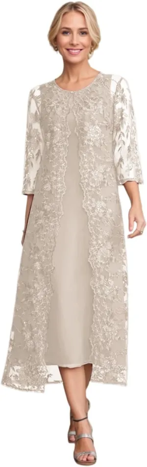 Tea Length 2 Piece Mother of The Bride Dresses with Tulle Jacket 3/4 Sleeves Formal Suit Dresses for Women 2025
