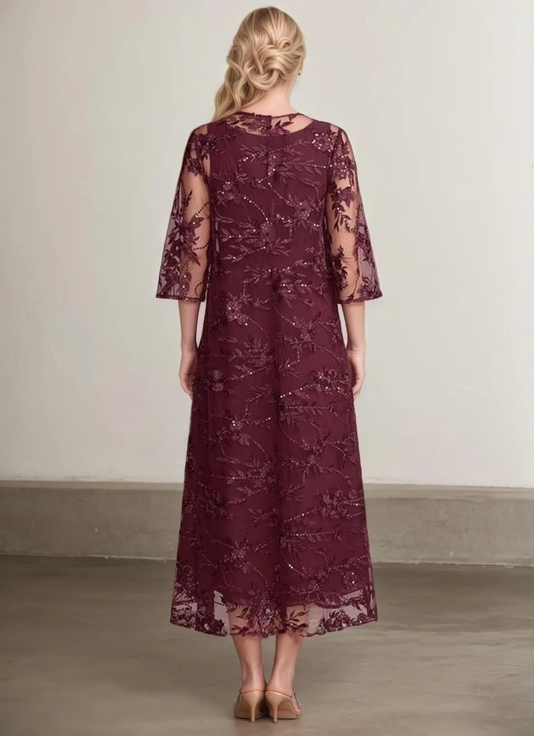 Tea Length 2 Piece Mother of The Bride Dresses with Tulle Jacket 3/4 Sleeves Formal Suit Dresses for Women 2025