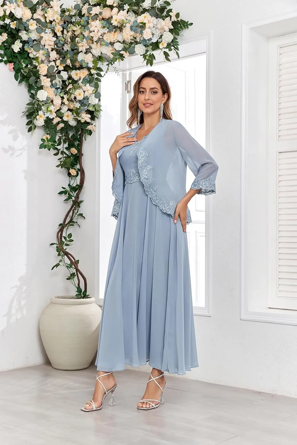 Tea Length 2 Pieces Mother of The Bride Dress with Jacket 3/4 Sleeve Lace Chiffon Evening Formal Dresses for Wedding