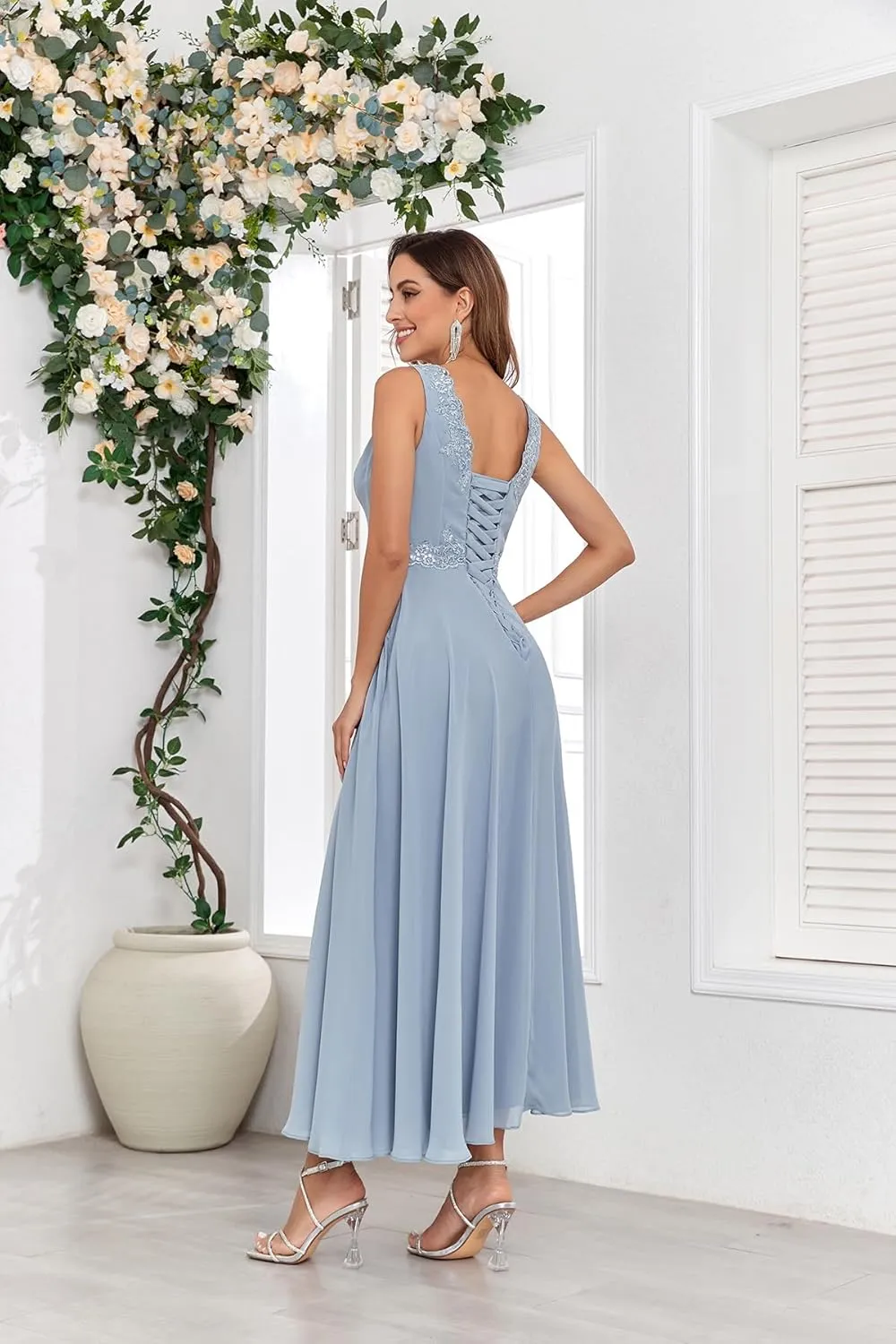 Tea Length 2 Pieces Mother of The Bride Dress with Jacket 3/4 Sleeve Lace Chiffon Evening Formal Dresses for Wedding