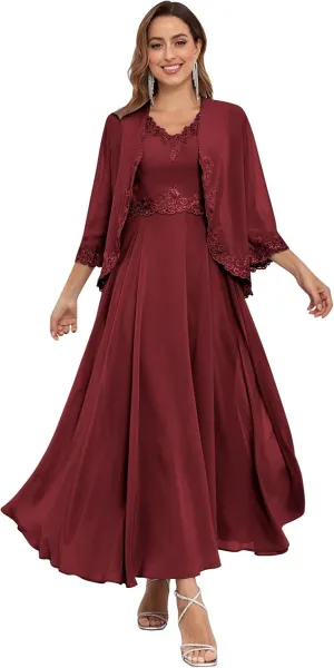 Tea Length 2 Pieces Mother of The Bride Dress with Jacket 3/4 Sleeve Lace Chiffon Evening Formal Dresses for Wedding