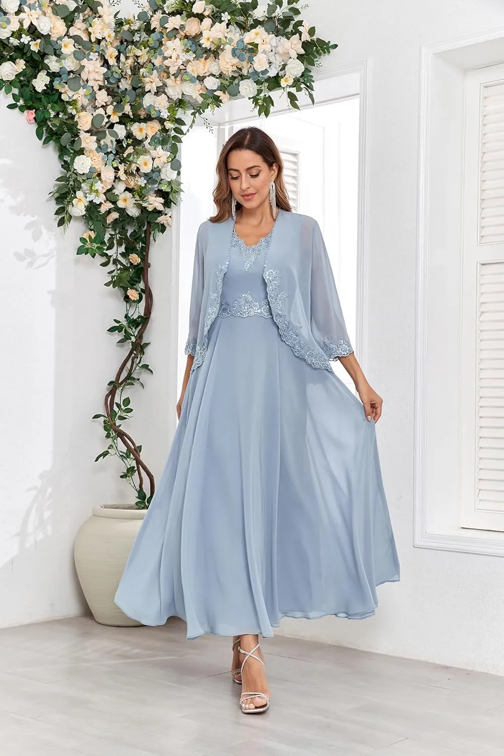 Tea Length 2 Pieces Mother of The Bride Dress with Jacket 3/4 Sleeve Lace Chiffon Evening Formal Dresses for Wedding