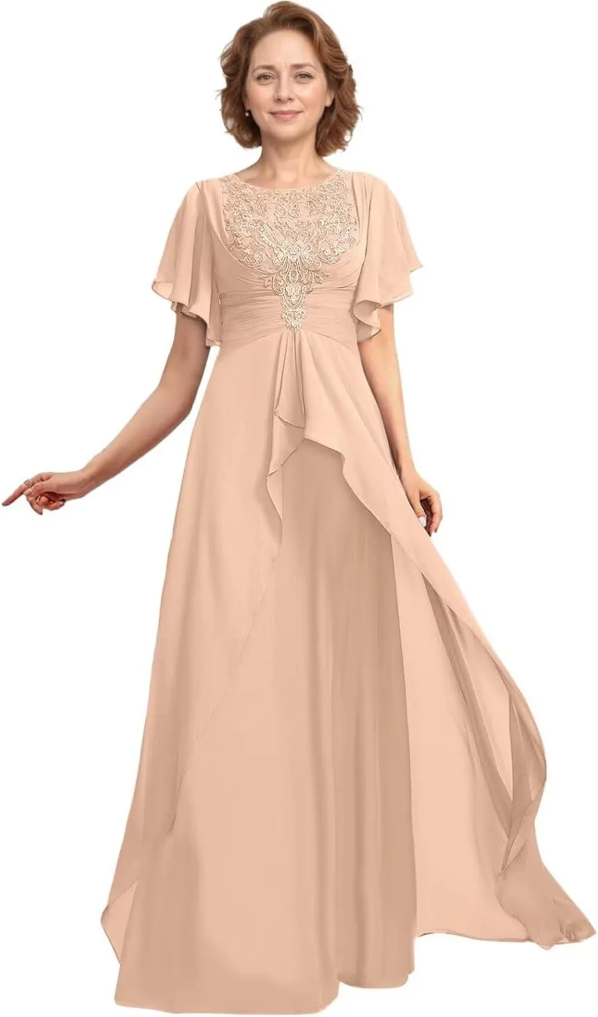 Tea Length Mother of The Bride Dresses for Wedding 2024 V Neck Lace Appliques Mother of The Groom Dresses with Ruffle Sleeves