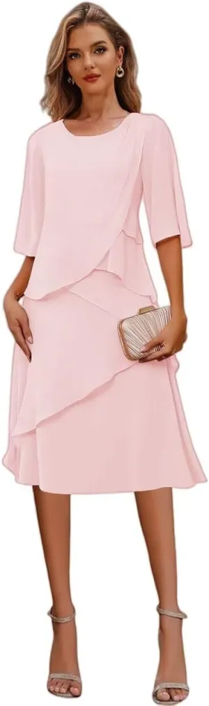 Tea Length Mother of The Bride Dresses for Women 2025 Chiffon Formal Wedding Guest Dress with Sleeves