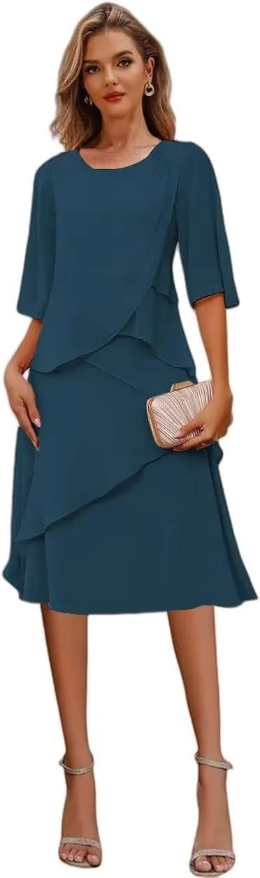 Tea Length Mother of The Bride Dresses for Women 2025 Chiffon Formal Wedding Guest Dress with Sleeves