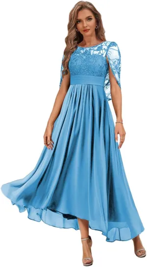 Tea Length Mother of The Bride Dresses with Cape Lace Formal Dress for Wedding High Low Evening Gown