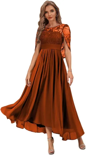 Tea Length Mother of The Bride Dresses with Cape Lace Formal Dress for Wedding High Low Evening Gown