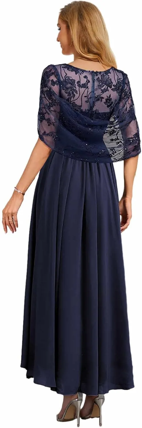 Tea Length Mother of The Bride Dresses with Cape Lace Formal Dress for Wedding High Low Evening Gown