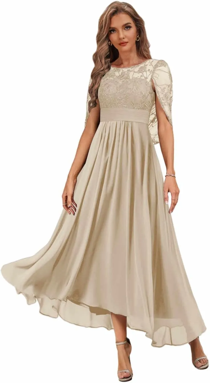 Tea Length Mother of The Bride Dresses with Cape Lace Formal Dress for Wedding High Low Evening Gown