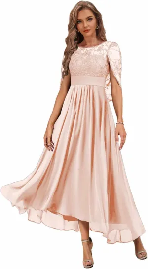 Tea Length Mother of The Bride Dresses with Cape Lace Formal Dress for Wedding High Low Evening Gown