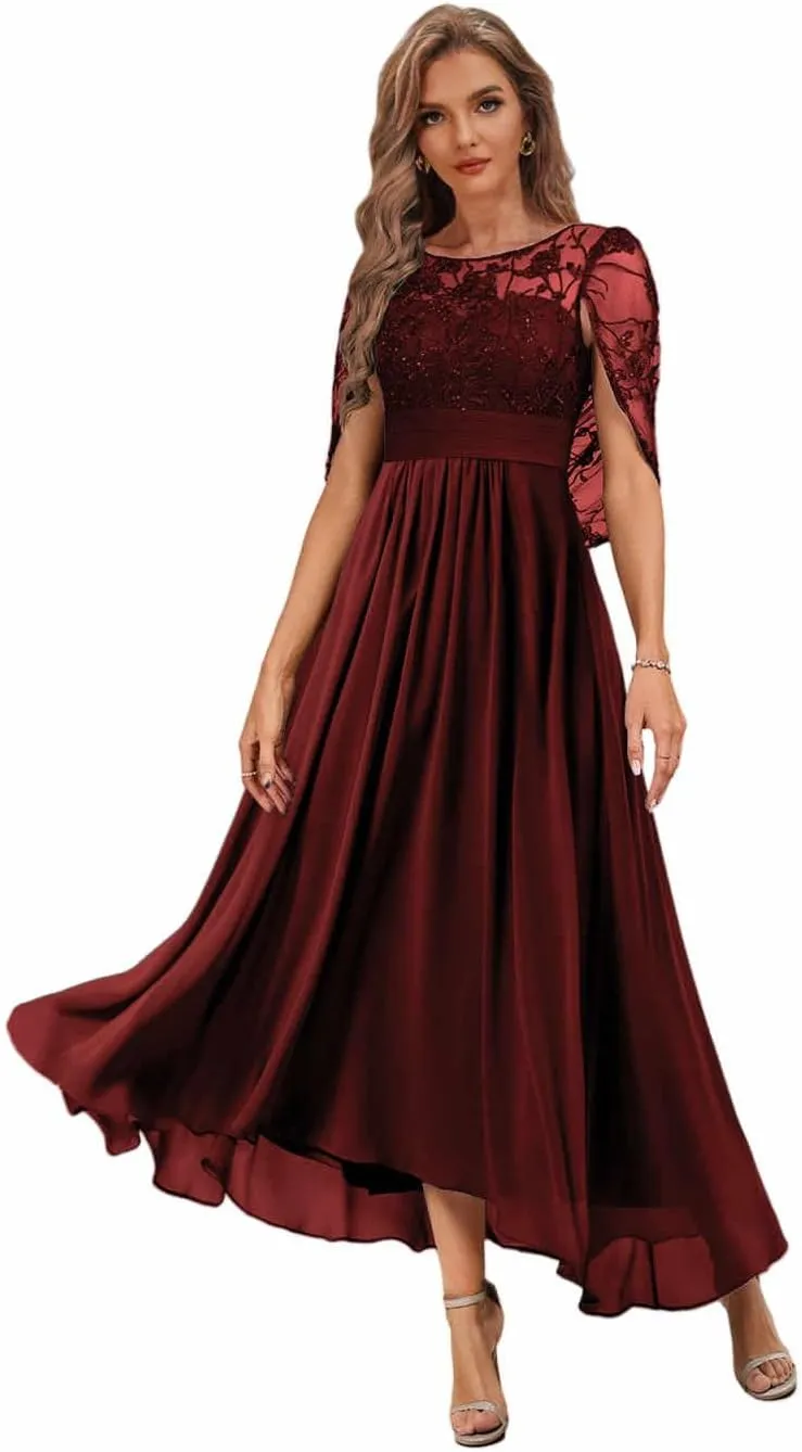 Tea Length Mother of The Bride Dresses with Cape Lace Formal Dress for Wedding High Low Evening Gown