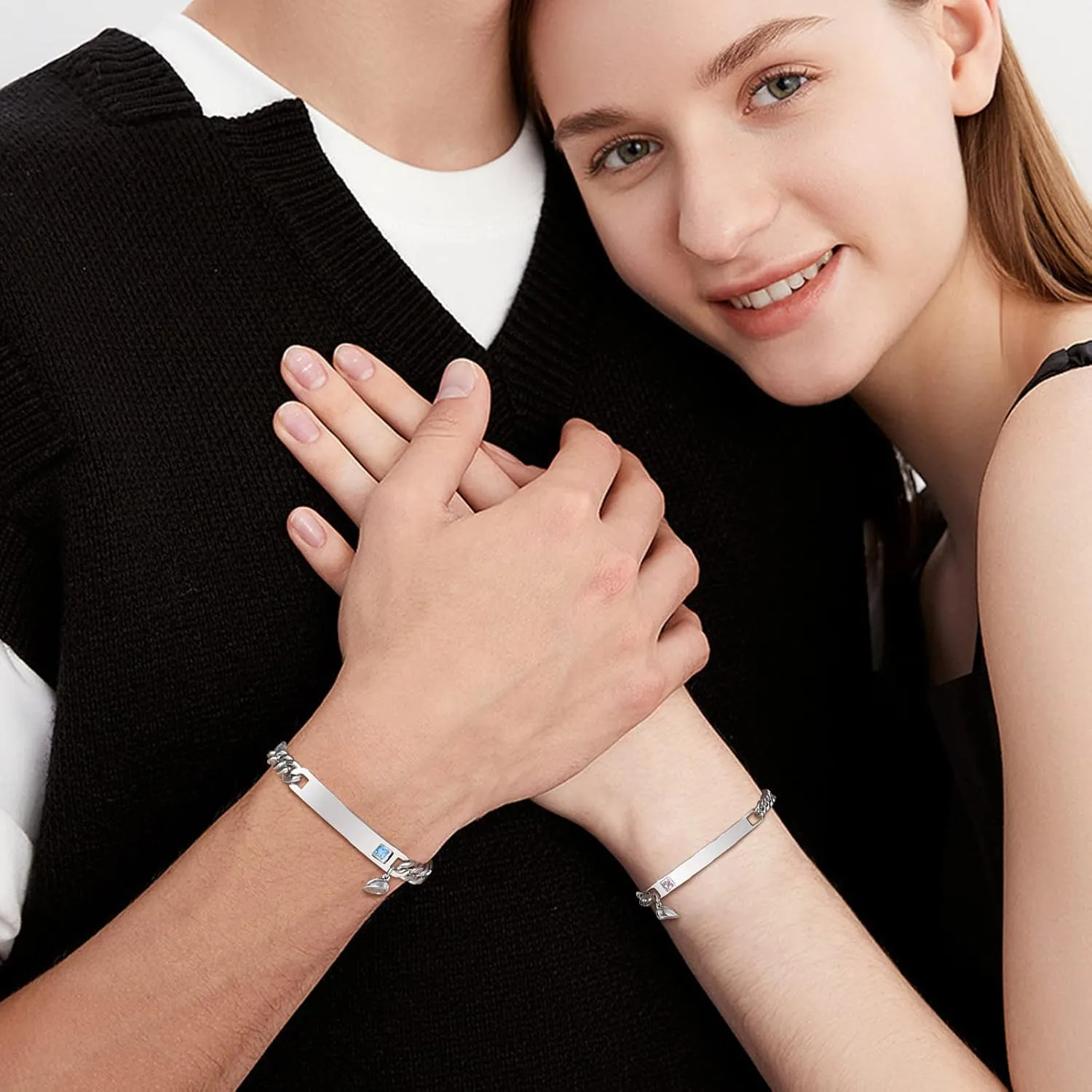 TempBeau Bracelet for Couple - Personalized ID Custom Engraving Bracelet, Braided Rope His and Her Bangle, Adjustable Friendship Bracelets for Sister BF GF, Pinky Promise Couple Bracelets Gifts
