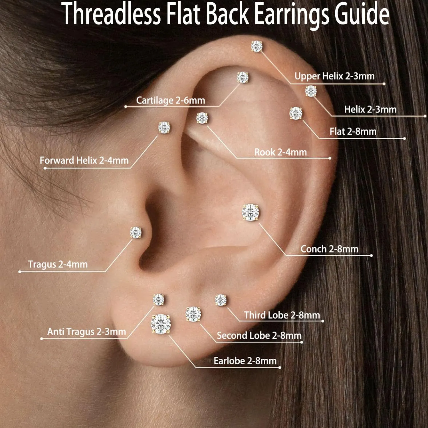 Threadless Flat Back Earrings, Hypoallergenic 14K Real Gold Plated CZ Stud Earrings | Cartilage Earring | Tragus Helix Piercing Jewelry | Push in Flatback Earrings for Women Men