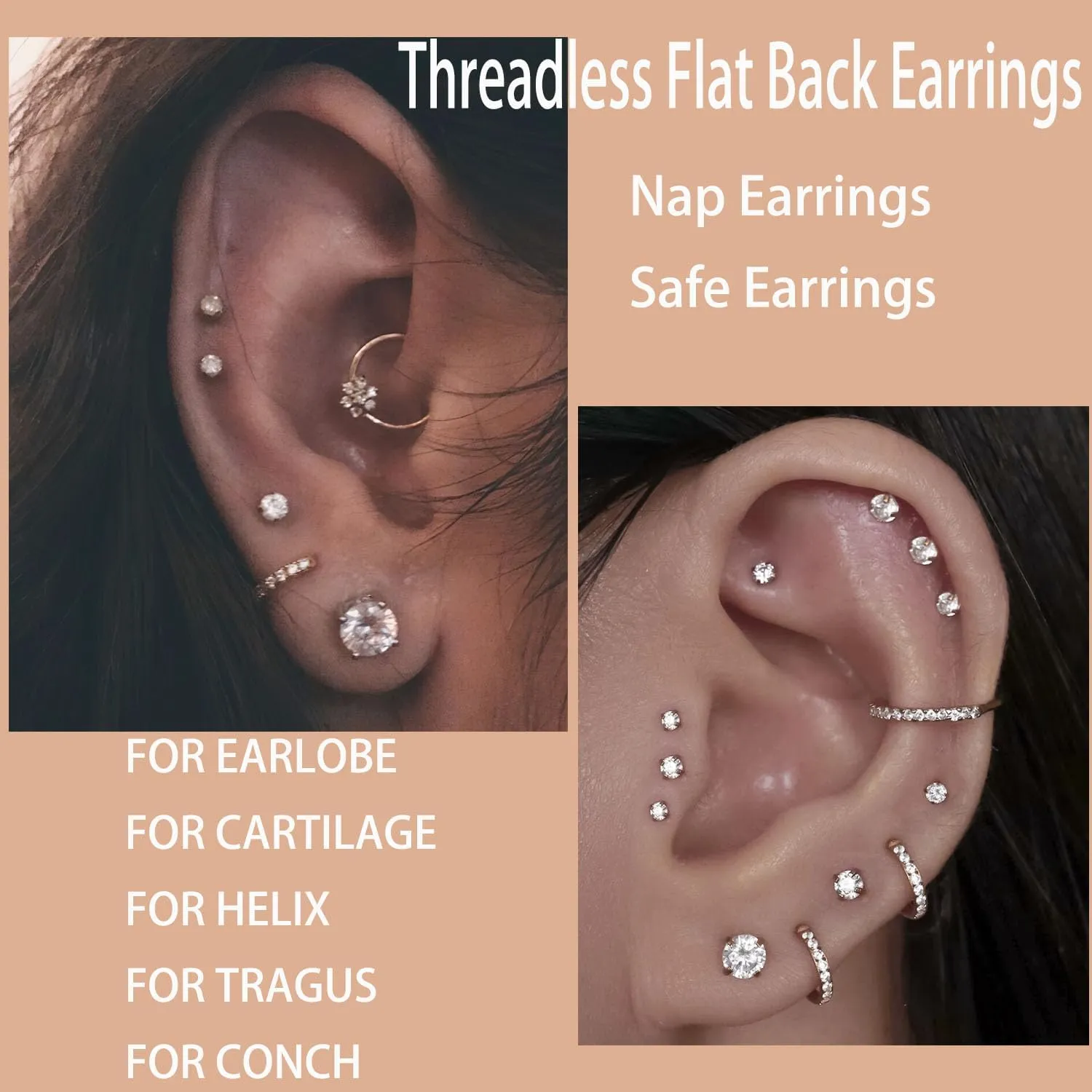 Threadless Flat Back Earrings, Hypoallergenic 14K Real Gold Plated CZ Stud Earrings | Cartilage Earring | Tragus Helix Piercing Jewelry | Push in Flatback Earrings for Women Men