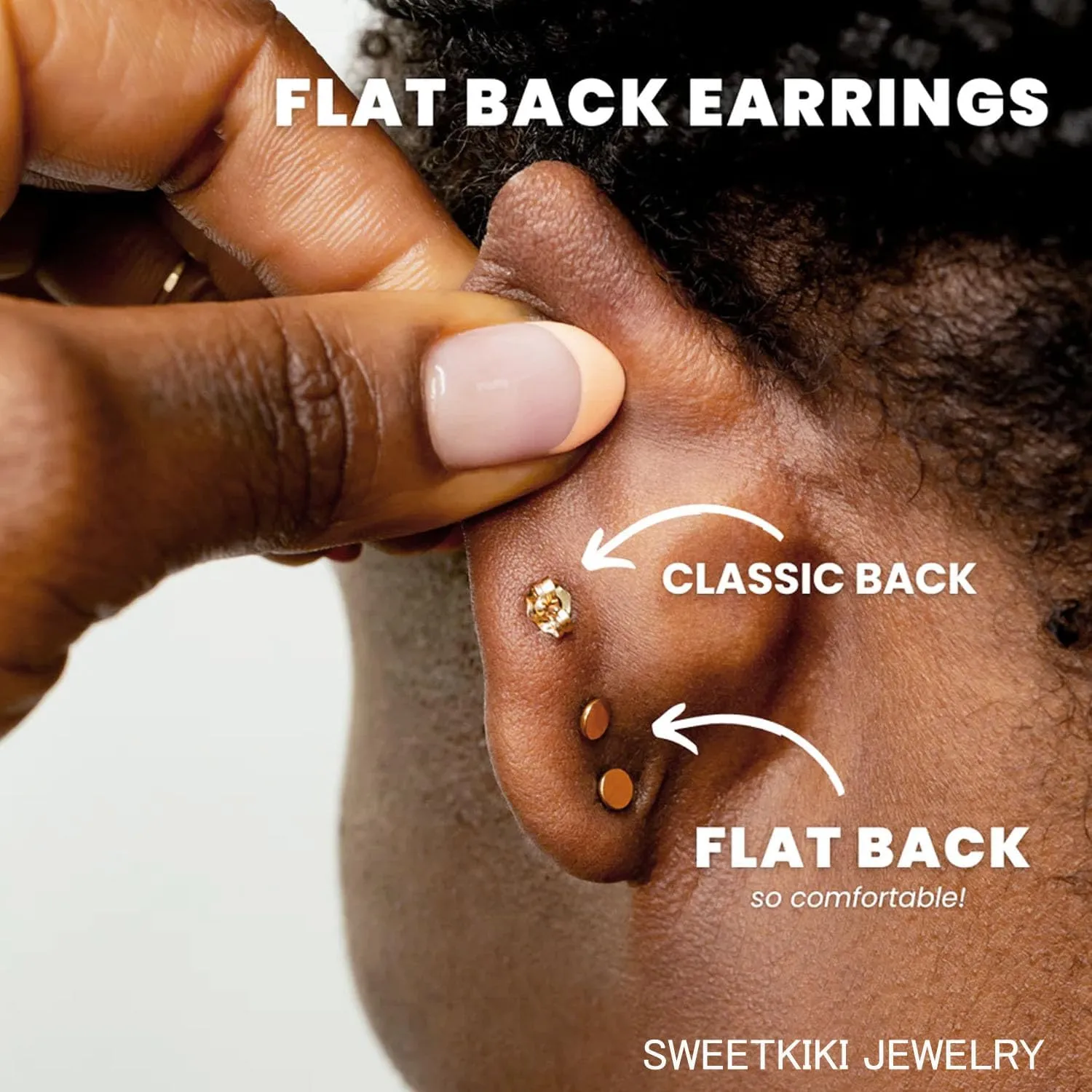 Threadless Flat Back Earrings, Hypoallergenic 14K Real Gold Plated CZ Stud Earrings | Cartilage Earring | Tragus Helix Piercing Jewelry | Push in Flatback Earrings for Women Men