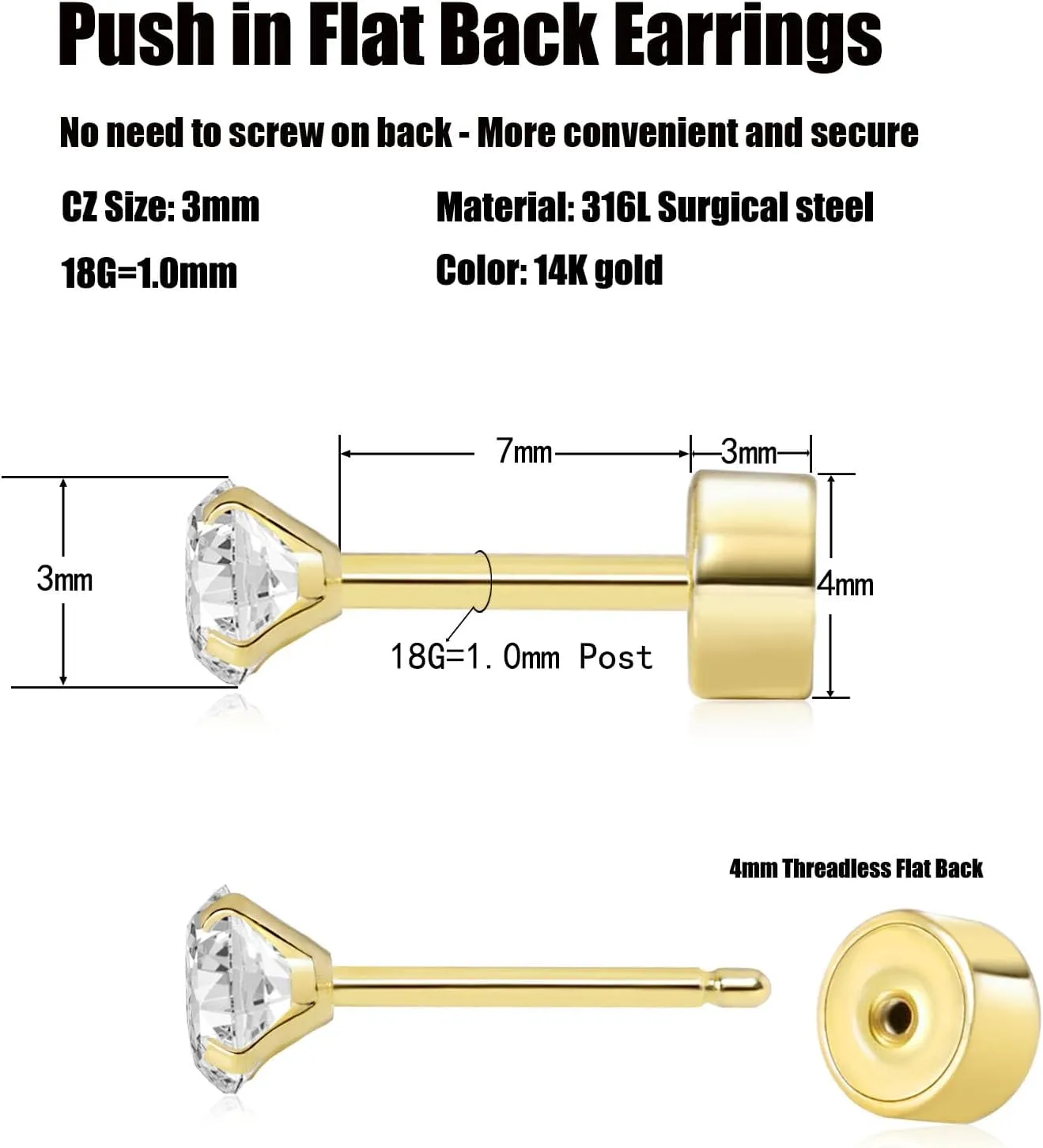 Threadless Flat Back Earrings, Hypoallergenic 14K Real Gold Plated CZ Stud Earrings | Cartilage Earring | Tragus Helix Piercing Jewelry | Push in Flatback Earrings for Women Men