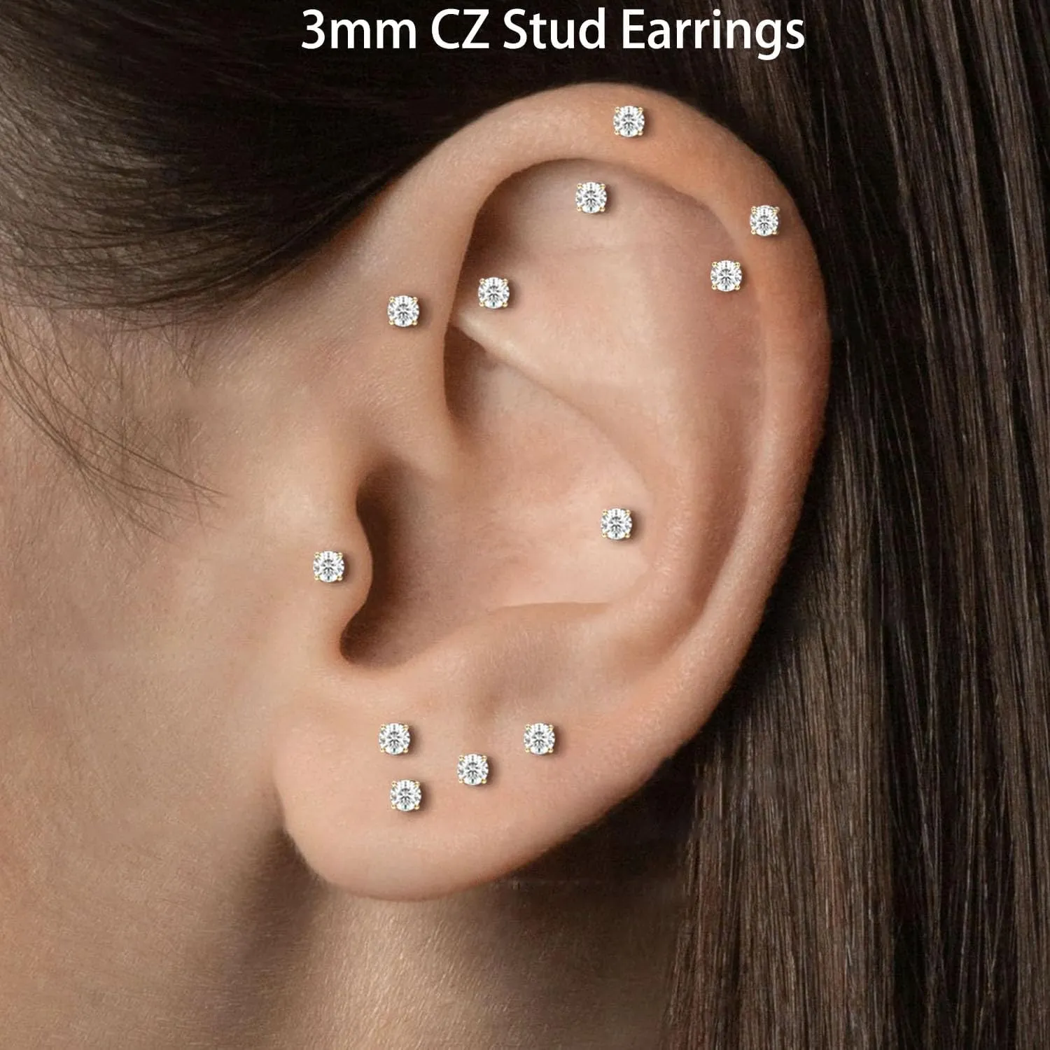 Threadless Flat Back Earrings, Hypoallergenic 14K Real Gold Plated CZ Stud Earrings | Cartilage Earring | Tragus Helix Piercing Jewelry | Push in Flatback Earrings for Women Men