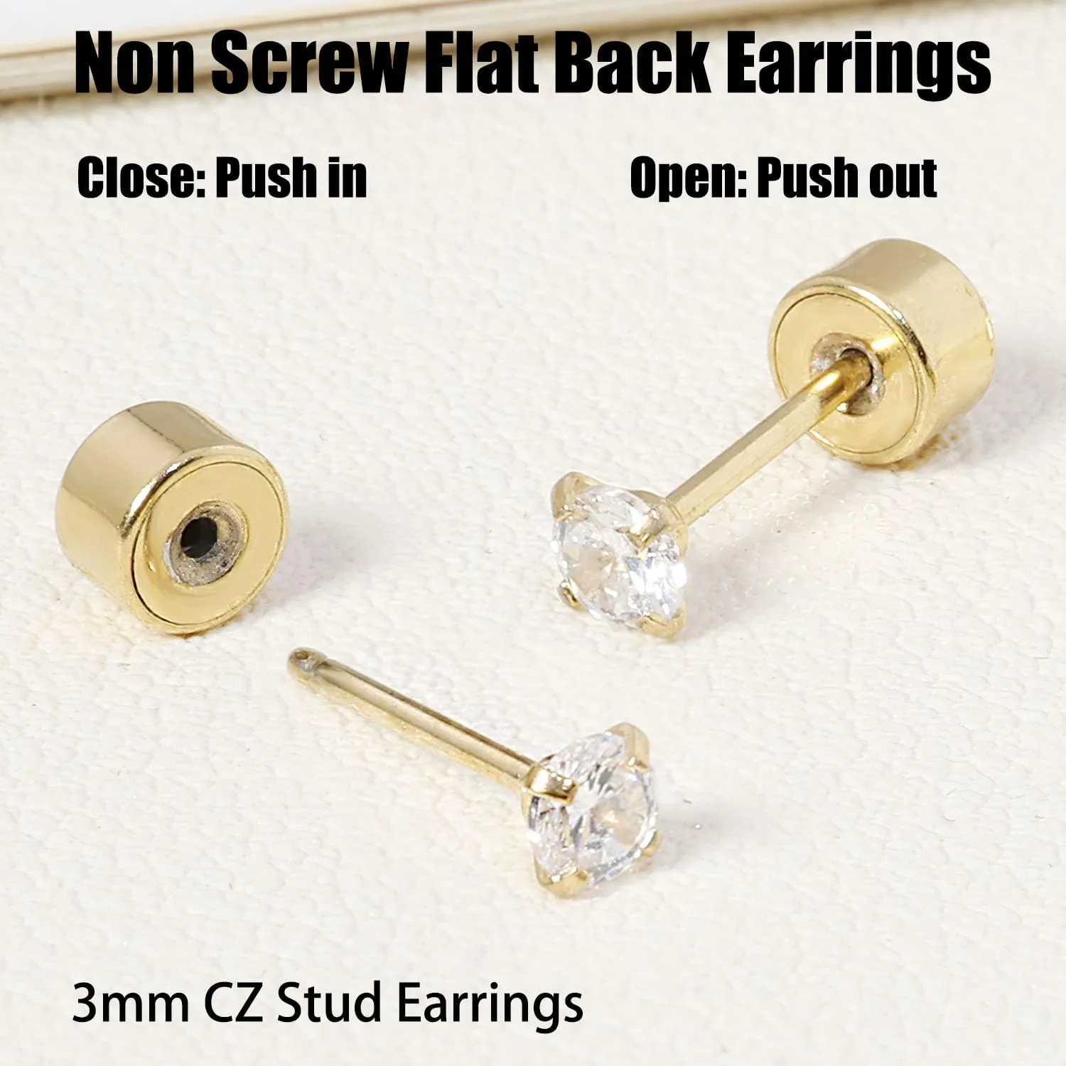 Threadless Flat Back Earrings, Hypoallergenic 14K Real Gold Plated CZ Stud Earrings | Cartilage Earring | Tragus Helix Piercing Jewelry | Push in Flatback Earrings for Women Men