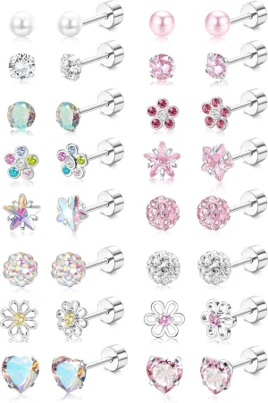 THUNARAZ 16 Pairs Hypoallergenic Screw Back Earrings for Women Girls Surgical Steel Tiny CZ Pearl Ball Heart Flower Screwback Flat Back Stud Earrings Set 20G