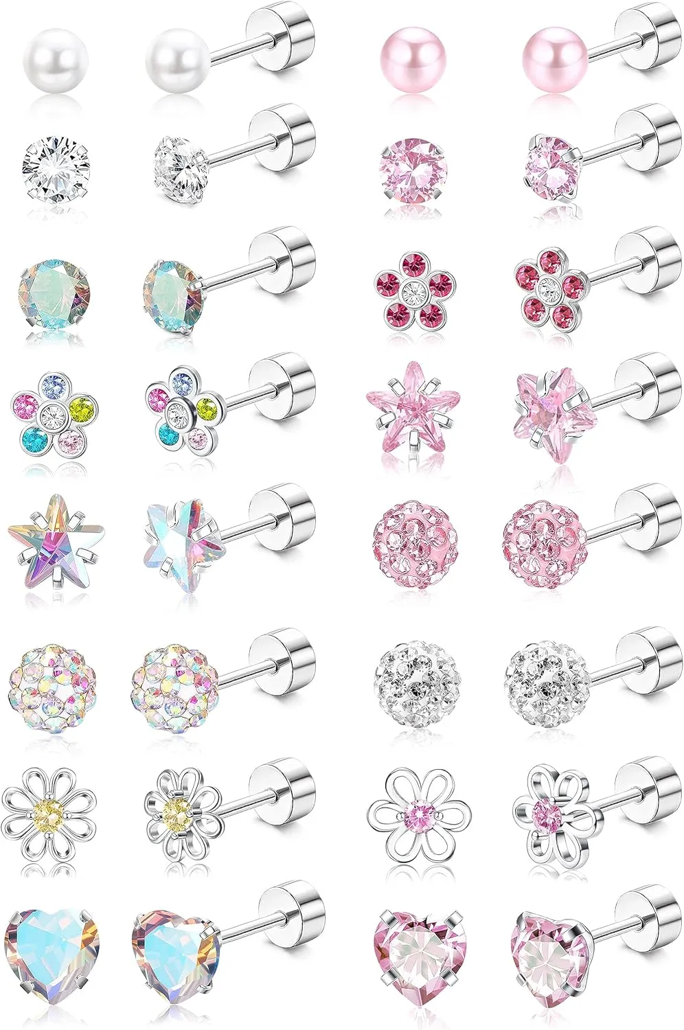 THUNARAZ 16 Pairs Hypoallergenic Screw Back Earrings for Women Girls Surgical Steel Tiny CZ Pearl Ball Heart Flower Screwback Flat Back Stud Earrings Set 20G