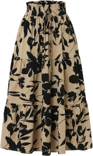 Tiered Maxi Skirts for Women Comfy Ruffle Hem Flowy Swing Elastic High Waisted Summer Cover Ups Long Skorts