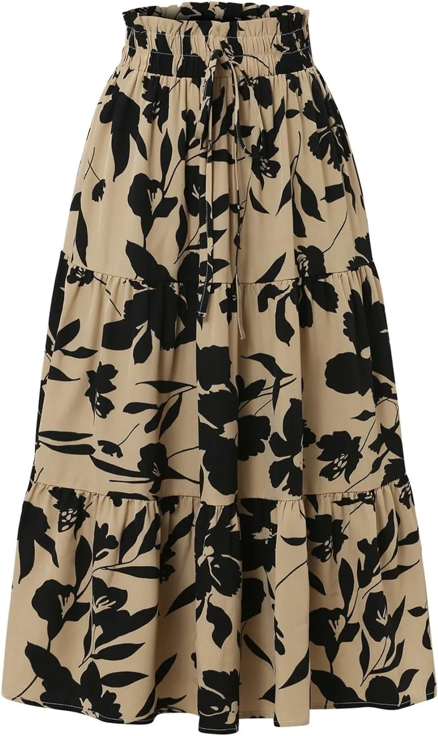 Tiered Maxi Skirts for Women Comfy Ruffle Hem Flowy Swing Elastic High Waisted Summer Cover Ups Long Skorts