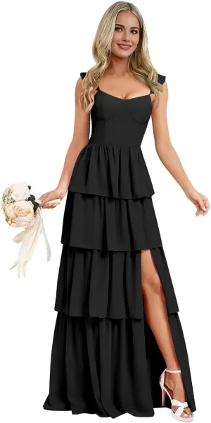 Tiered Ruffle Bridesmaid Dresses for Women 2025 Long Chiffon Wedding Guest Dress Formal Evening Gowns with Slit