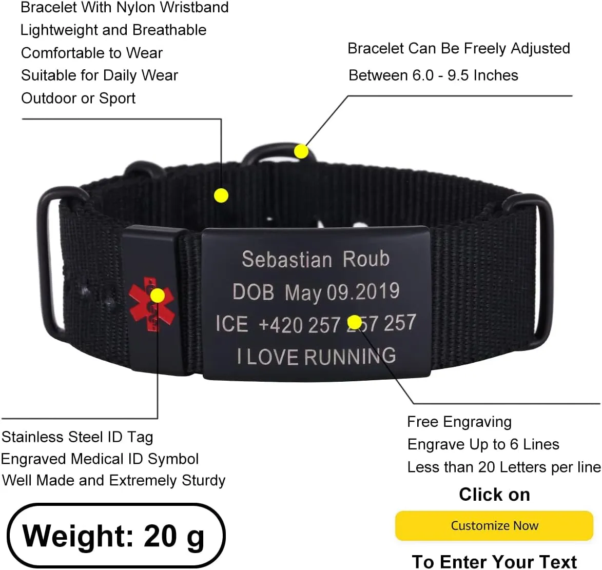 TINGKU Personalized Medical Alert Bracelet for Men Women Custom Engraved Emergency Medical ID Bracelets Diabetic Nylon Wristband Sport Jewelry