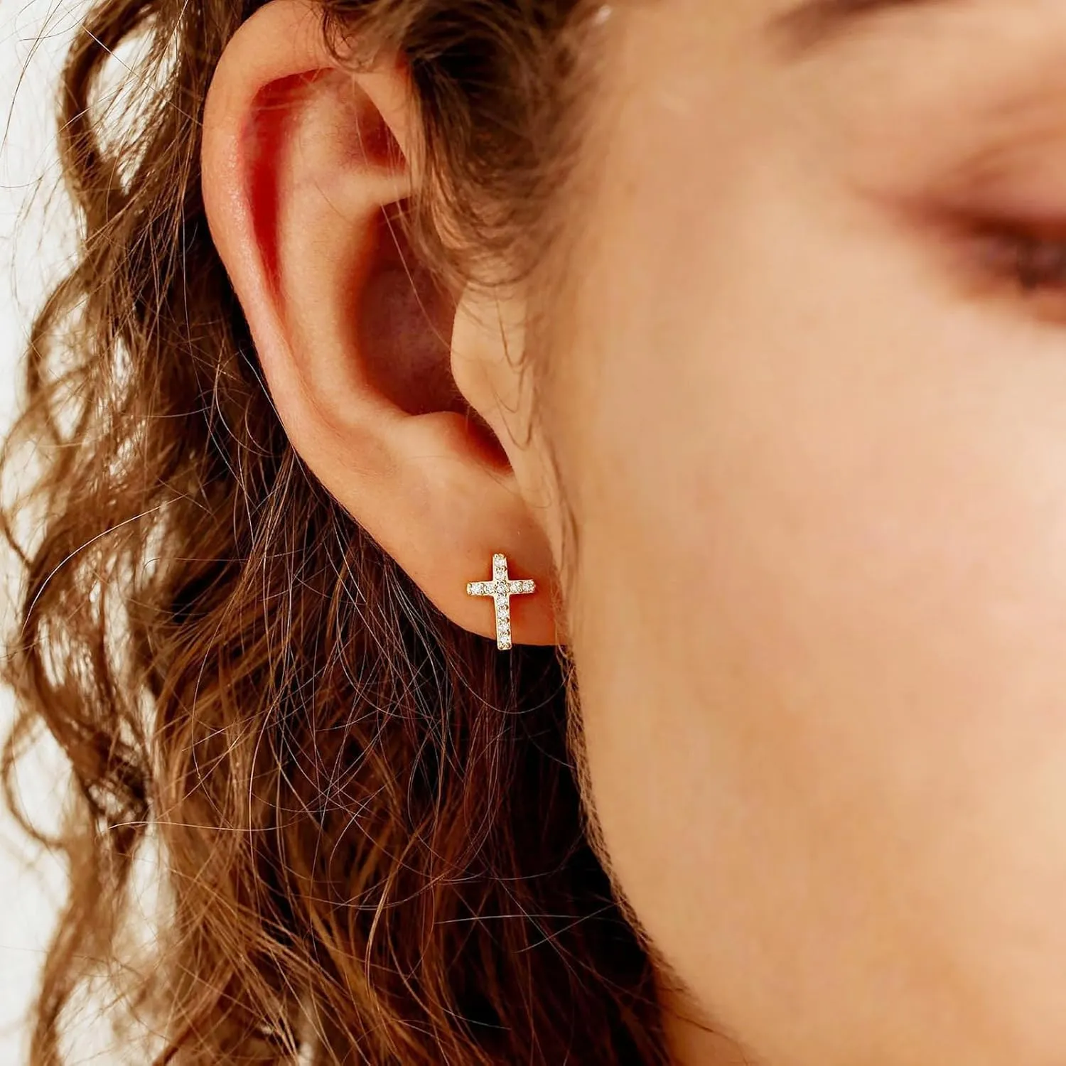 Tiny Cross Stud Earrings, 14K Gold Plated CZ Silver Earrings, Hypoallergenic Minimalist Small Stud Earrings for Women Men