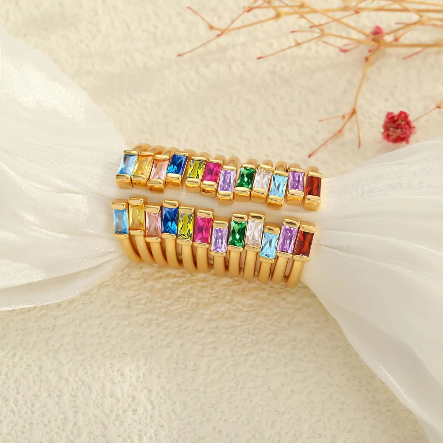 TOBENY Gold Birthstone Rings for Women 14K Gold Plated Adjustable Rings Non Tarnish Gold Stackable Rings Dainty Emerald Green Cubic Zirconia Ring for Mother Daughter Birthday Jewelry Gifts