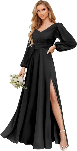 TORYEMY Long Sleeve Bridesmaid Dresses Chiffon V Neck Formal Evening Dresses with Slit for Wedding