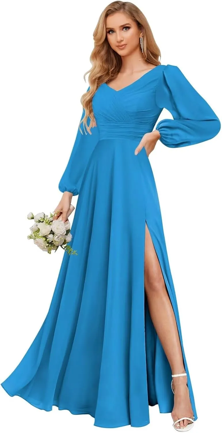 TORYEMY Long Sleeve Bridesmaid Dresses Chiffon V Neck Formal Evening Dresses with Slit for Wedding
