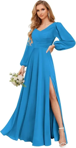 TORYEMY Long Sleeve Bridesmaid Dresses Chiffon V Neck Formal Evening Dresses with Slit for Wedding
