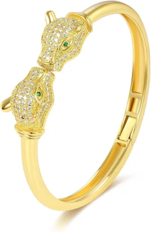 Trendy Gold Bracelet for Women - Double Head Panther & Leopard Design, Thick 18K Gold Plated Bangle, Micro Paved Cubic Zircon, Collapsible, Fashionable Gift