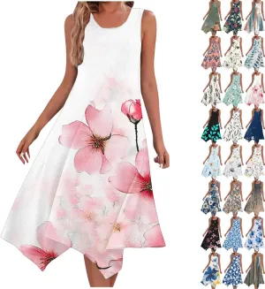 Trendy Summer Dress for Women Fashion Print Sundresses Slim Tank Top Round Neck Pockets Beach Vacation Dresses