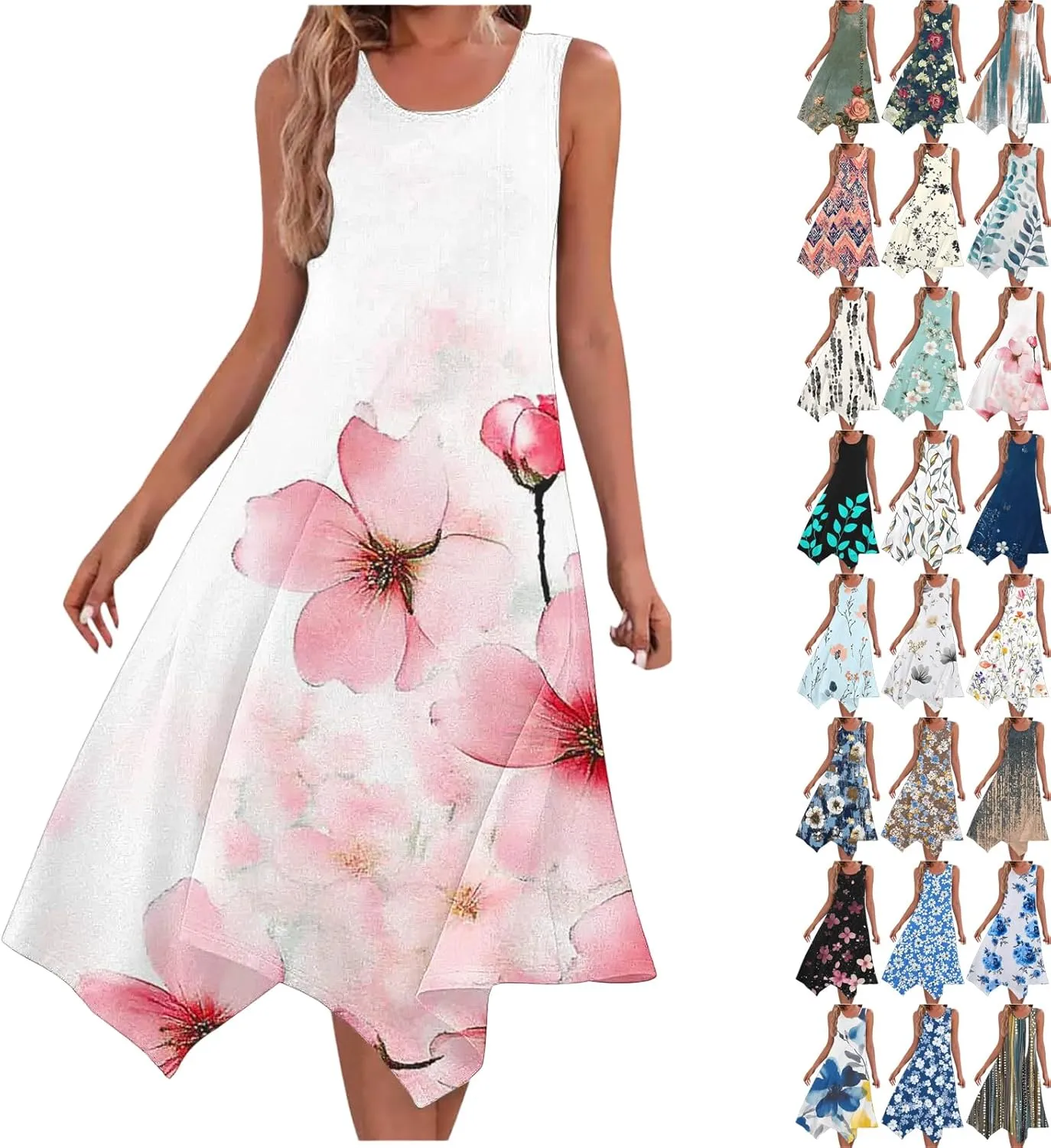 Trendy Summer Dress for Women Fashion Print Sundresses Slim Tank Top Round Neck Pockets Beach Vacation Dresses