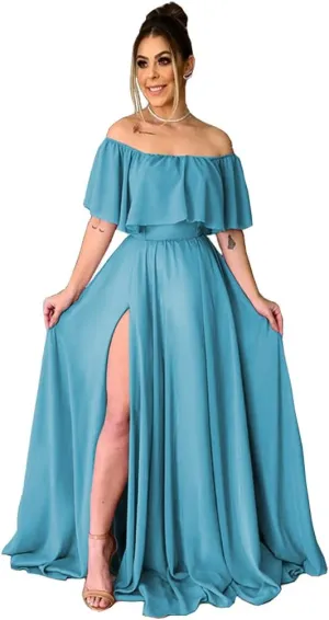 TRHTX Women's Chiffon Bridesmaid Dresses Long Off Shoulder Formal Dresses with Slit Ruffle A-Line Party Gowns