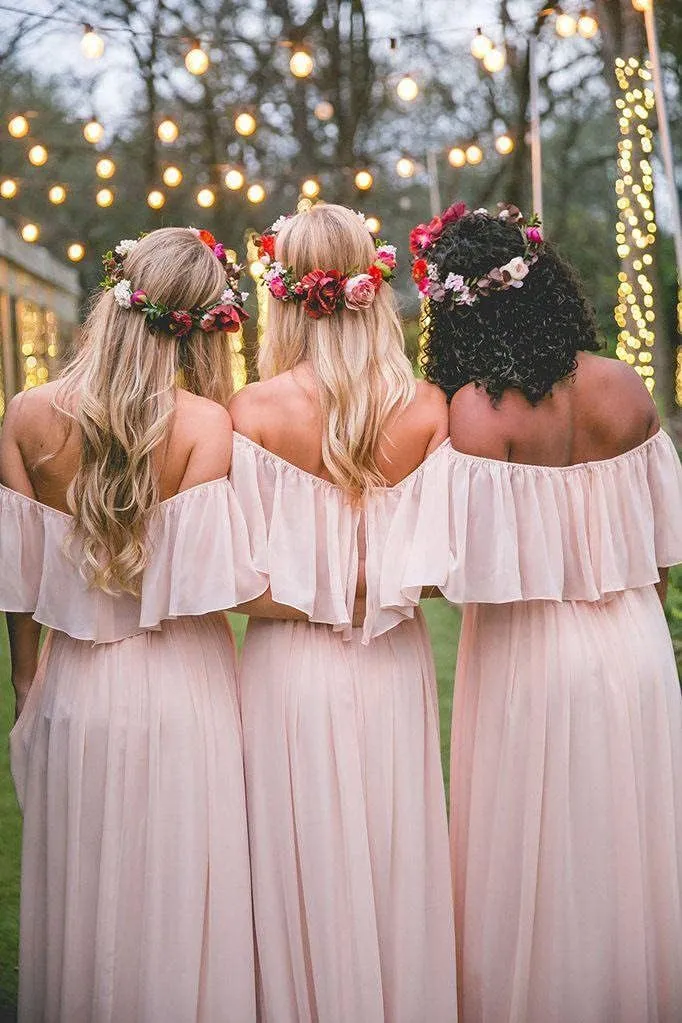 TRHTX Women's Chiffon Bridesmaid Dresses Long Off Shoulder Formal Dresses with Slit Ruffle A-Line Party Gowns