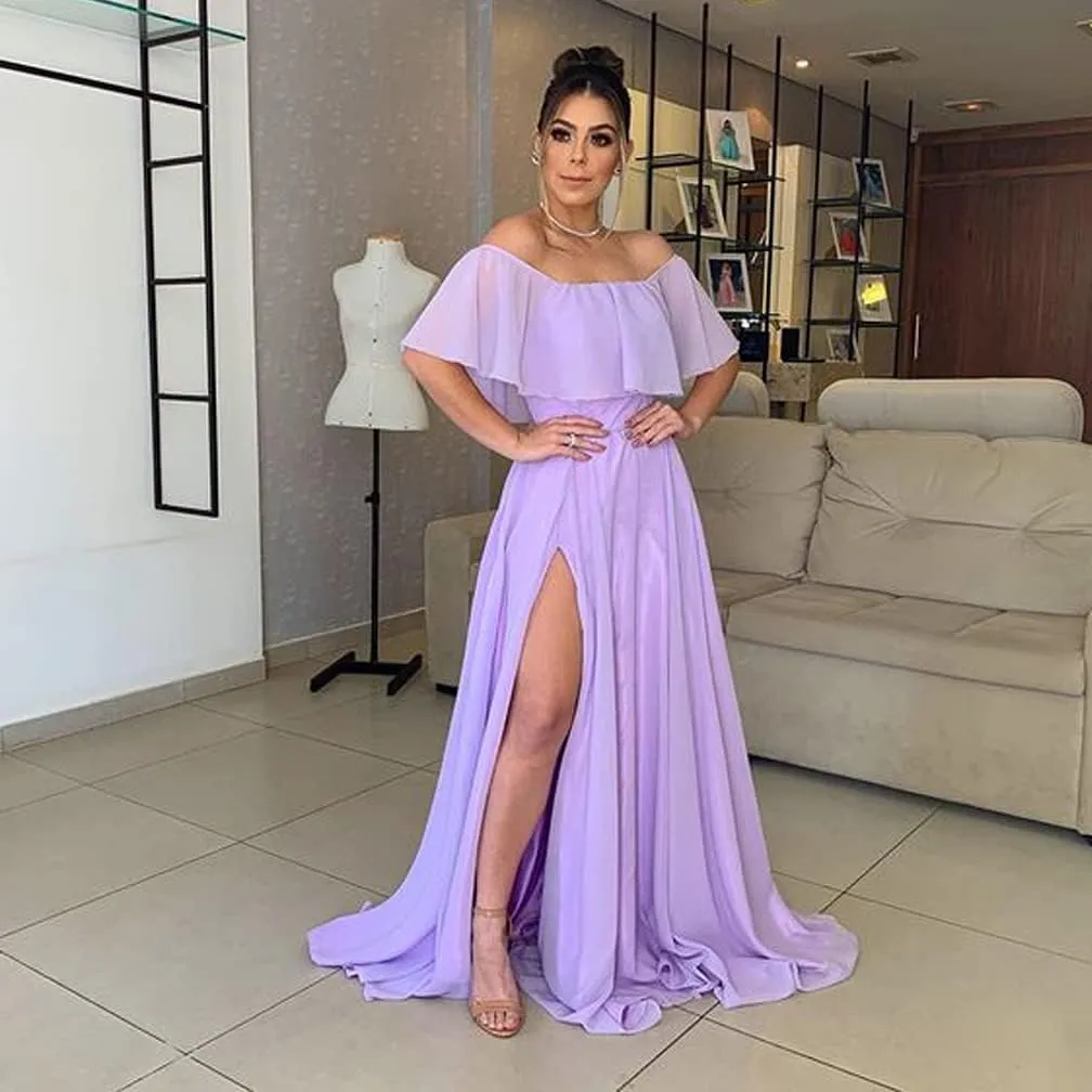 TRHTX Women's Chiffon Bridesmaid Dresses Long Off Shoulder Formal Dresses with Slit Ruffle A-Line Party Gowns