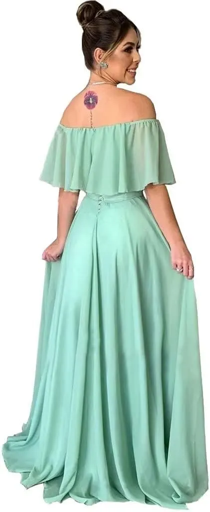 TRHTX Women's Chiffon Bridesmaid Dresses Long Off Shoulder Formal Dresses with Slit Ruffle A-Line Party Gowns